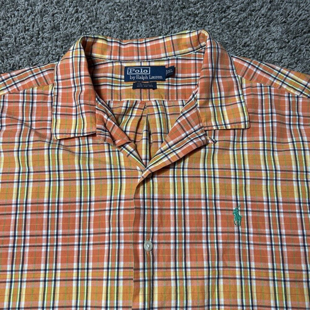 Polo Ralph Lauren Shirt Mens XL Orange Caldwell Loop Collar Cotton Vintage Plaid